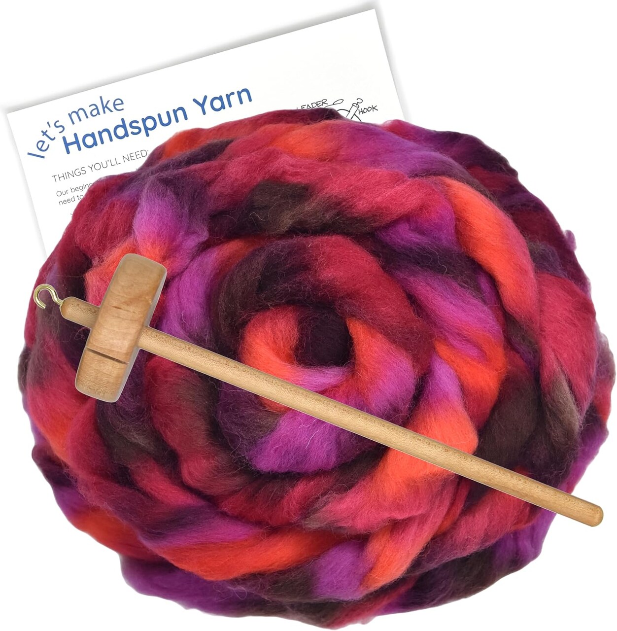 Learn to Spin Yarn - Beginner's Spinning Kit Includes Drop Spindle, Space Dyed Wool Roving and Printed Instructions with Video